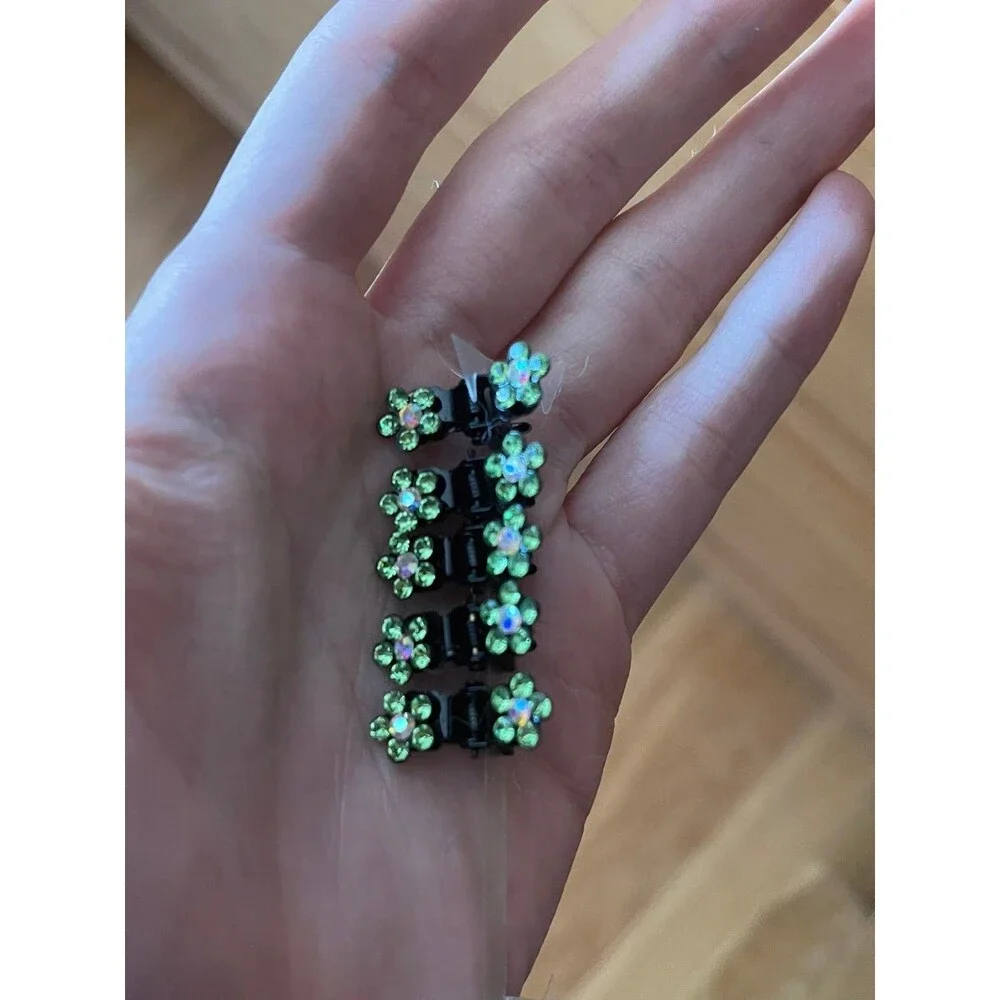 Five Green Rhinstone Flower Hair Clips - Metal - New
